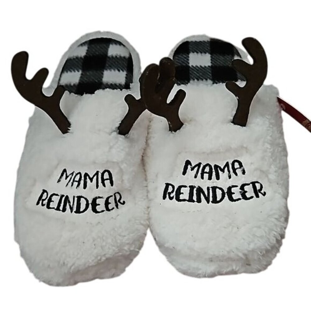 Mama Reindeer Fuzzy Slippers Size 8/9 Large Women's New Holiday Slip On